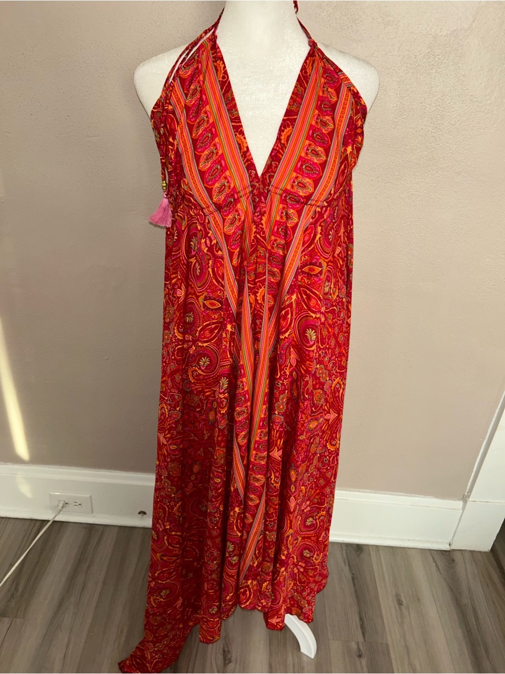 Vibrant Red silk Paisley Halter take open back Maxi hippie boho Dress